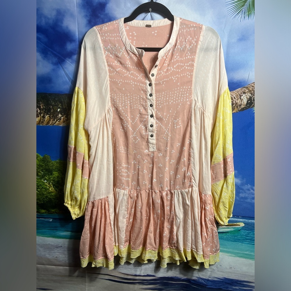Free People Shibori Yellow Pink Tunic Mini Dress Size S - Picture 2 of 8